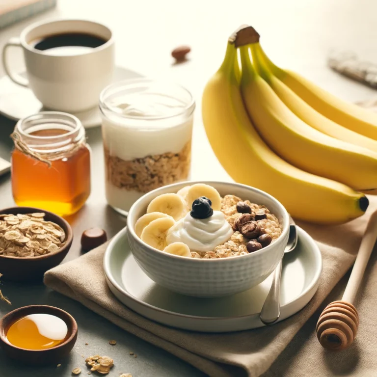 DALL·E 2024 08 26 10.11.52 A breakfast table set with healthy foods including a banana yogurt oatmeal and honey with a coffee cup on the side. The scene is bright and mornin